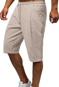 Men's Beige Summer Linen Drawstring Capri Shorts