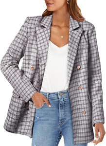 Stylish Beige Tweed Double Breasted Long Sleeve Blazer