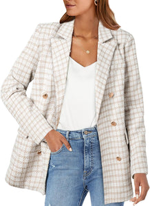 Stylish White Tweed Double Breasted Long Sleeve Blazer