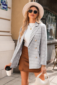 Stylish Beige Tweed Double Breasted Long Sleeve Blazer