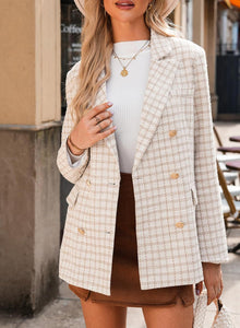 Stylish Beige Tweed Double Breasted Long Sleeve Blazer