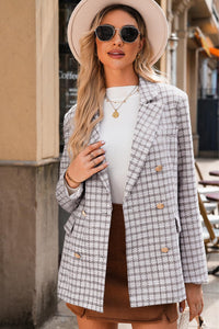 Stylish White Tweed Double Breasted Long Sleeve Blazer