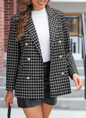 Stylish Black Tweed Double Breasted Long Sleeve Blazer