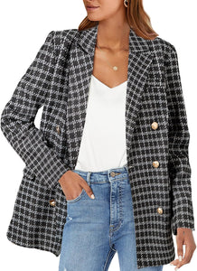 Stylish Beige Tweed Double Breasted Long Sleeve Blazer