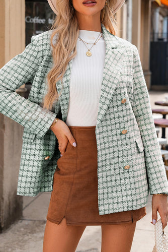 Stylish Green Tweed Double Breasted Long Sleeve Blazer