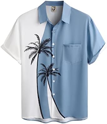 Men's Two Tone Blue/White Palm Tree Short Sleeve Shirt