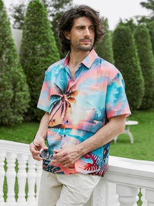 Men's Hawaiian Pink/Blue Palm Tree Short Sleeve Shirt