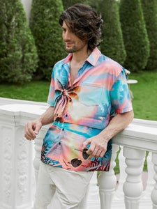 Men's Hawaiian Pink/Blue Palm Tree Short Sleeve Shirt