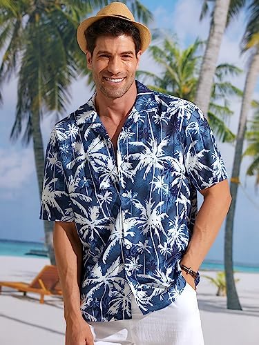 Men's Navy Blue/White Palm Tree Short Sleeve Shirt