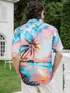 Men's Hawaiian Pink/Blue Palm Tree Short Sleeve Shirt