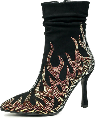 Black Crystal Embellished Suede Stiletto Heel Ankle Boots