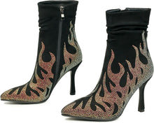 Load image into Gallery viewer, Black Crystal Embellished Suede Stiletto Heel Ankle Boots