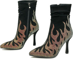 Black Crystal Embellished Suede Stiletto Heel Ankle Boots