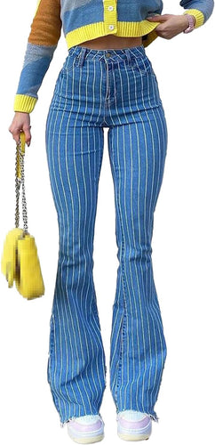 High Waist Blue Striped Flare Denim Pants