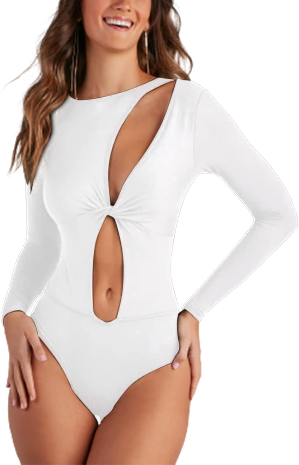 White One Piece Cut Out Long Sleeve Bodysuit