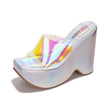 Load image into Gallery viewer, Holographic Platform Open Toe Wedge Heels