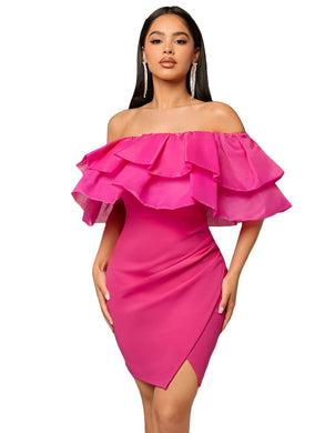 Hot Pink Ruffled Layered Off Shoulder Mini Dress