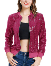Load image into Gallery viewer, Hot Pink Sequin Embellished Bomber Long Sleeve Jacket