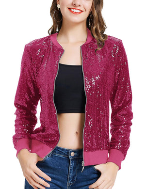 Hot Pink Sequin Embellished Bomber Long Sleeve Jacket