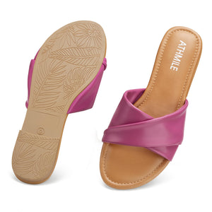 Hot Pink Casual Leather Summer Flat Sandals