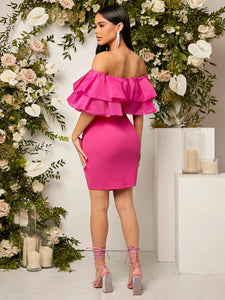 Hot Pink Ruffled Layered Off Shoulder Mini Dress