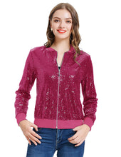 Load image into Gallery viewer, Hot Pink Sequin Embellished Bomber Long Sleeve Jacket