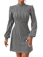 Load image into Gallery viewer, Houndstooth Black white Plaid Tweed Long Sleeve Dress