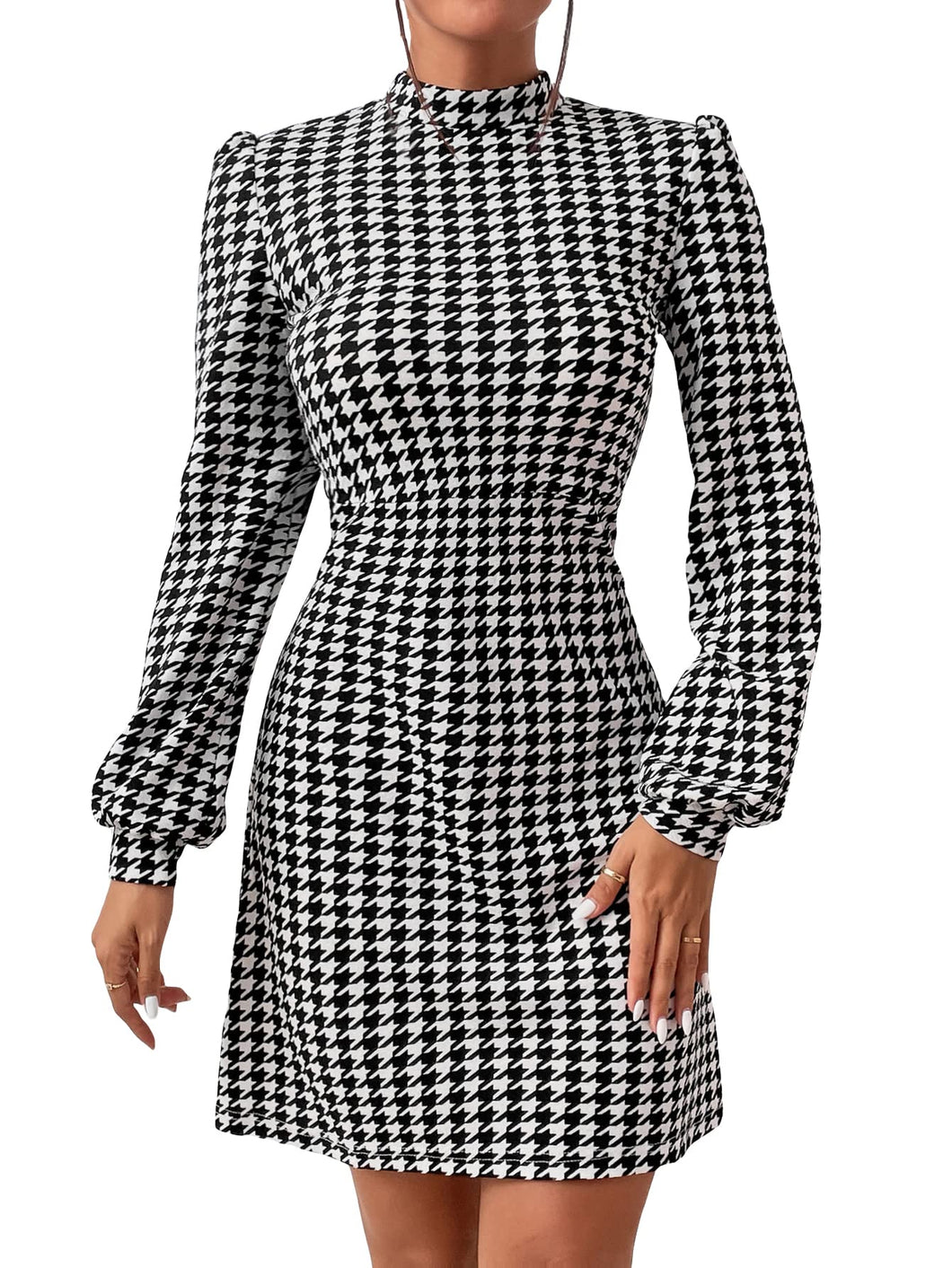 Houndstooth Black white Plaid Tweed Long Sleeve Dress