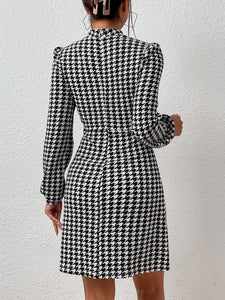 Houndstooth Black white Plaid Tweed Long Sleeve Dress