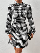 Load image into Gallery viewer, Houndstooth Black white Plaid Tweed Long Sleeve Dress