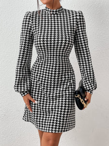 Houndstooth Black white Plaid Tweed Long Sleeve Dress