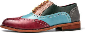 Men's Brown/Yellow/Blue Oxford Wingtips Lace Up Two Tone Dress Shoes