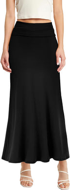 Soft & Comfy Black High Waist Fold Over Knit Maxi Skirt