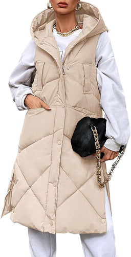 Oversized Beige Sleeveless Zippered Puffer Long Vest Coat