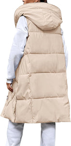 Oversized White Sleeveless Zippered Puffer Long Vest Coat
