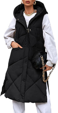 Oversized Black Sleeveless Zippered Puffer Long Vest Coat
