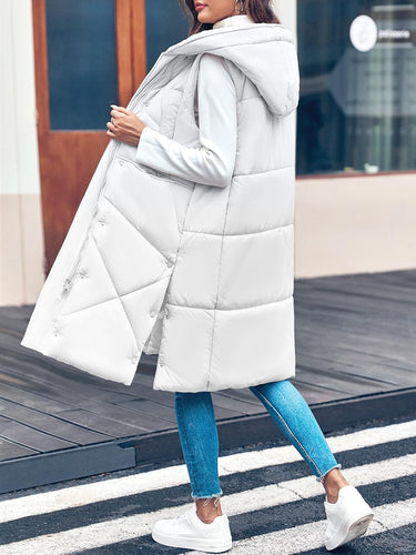 Oversized White Sleeveless Zippered Puffer Long Vest Coat