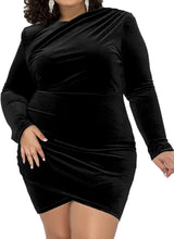 Load image into Gallery viewer, Plus Size Black Velvet Long Sleeve Asymmetrical Mini Dress