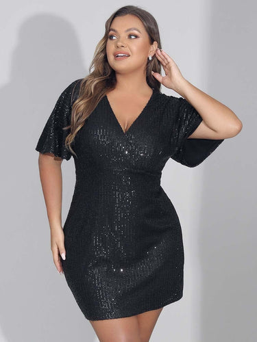 Plus Size Black Sequin Deep V Ruffle Mini Dress