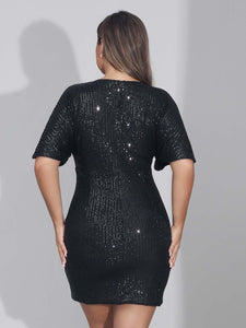 Plus Size Black Sequin Deep V Ruffle Mini Dress