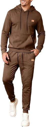 Men's Textured Brown Drawstring Hoodie Long Sleeve 2pc Sweatsuit