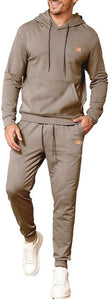 Men's Textured Brown Drawstring Hoodie Long Sleeve 2pc Sweatsuit