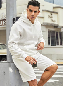 Men's Fleece White Long Sleeve Hoodie & Shorts Set