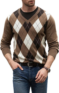 Men's Brown Diamond Knit Long Sleeve Button Neck Sweater