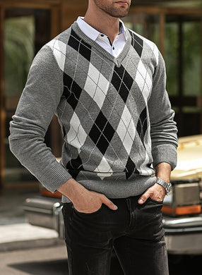 Men's Gray Diamond Knit Long Sleeve Button Neck Sweater