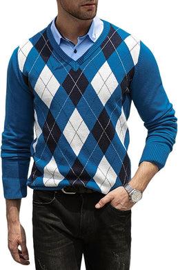 Men's Teal Diamond Knit Long Sleeve Button Neck Sweater
