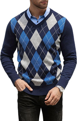 Men's Navy Blue Diamond Knit Long Sleeve Button Neck Sweater