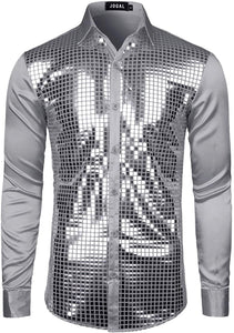 Men's Disco Silver Sequins Long Sleeve Button Down Shirt