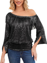 Load image into Gallery viewer, Gold Sequin Fringe One Shoulder Long Sleeve Top