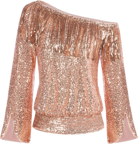 Gold Sequin Fringe One Shoulder Long Sleeve Top